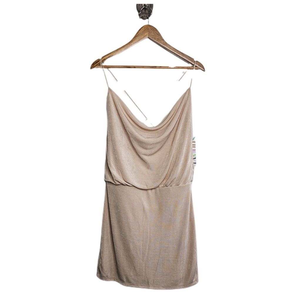 Neutral beige strappy cowl neck mini dress